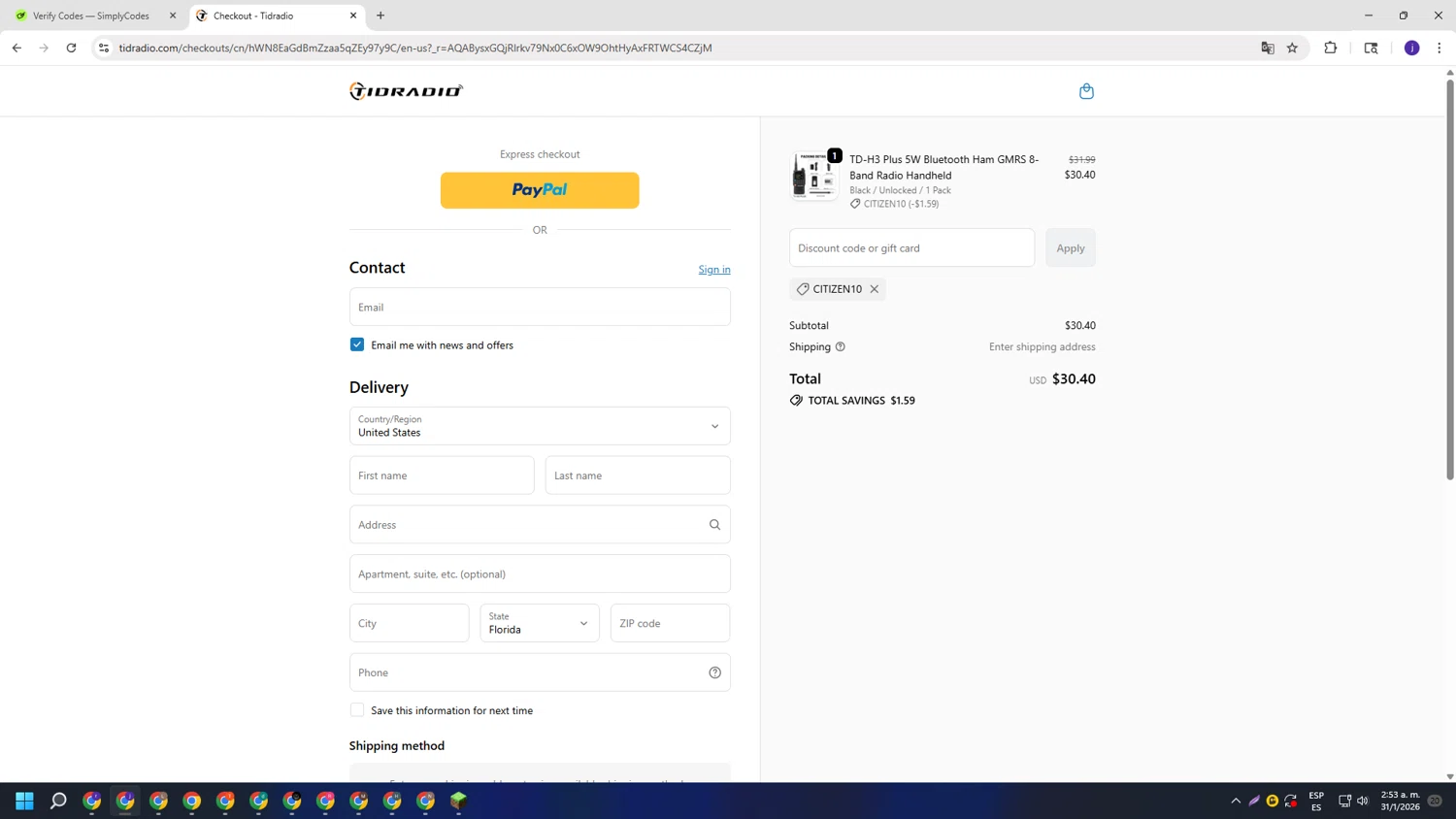 TIDRADIO promo code screenshot showing code CITIZEN10 applied at TIDRADIO checkout page. Uploaded by SimplyCodes community member simplycodesssss on Jan 31, 2026