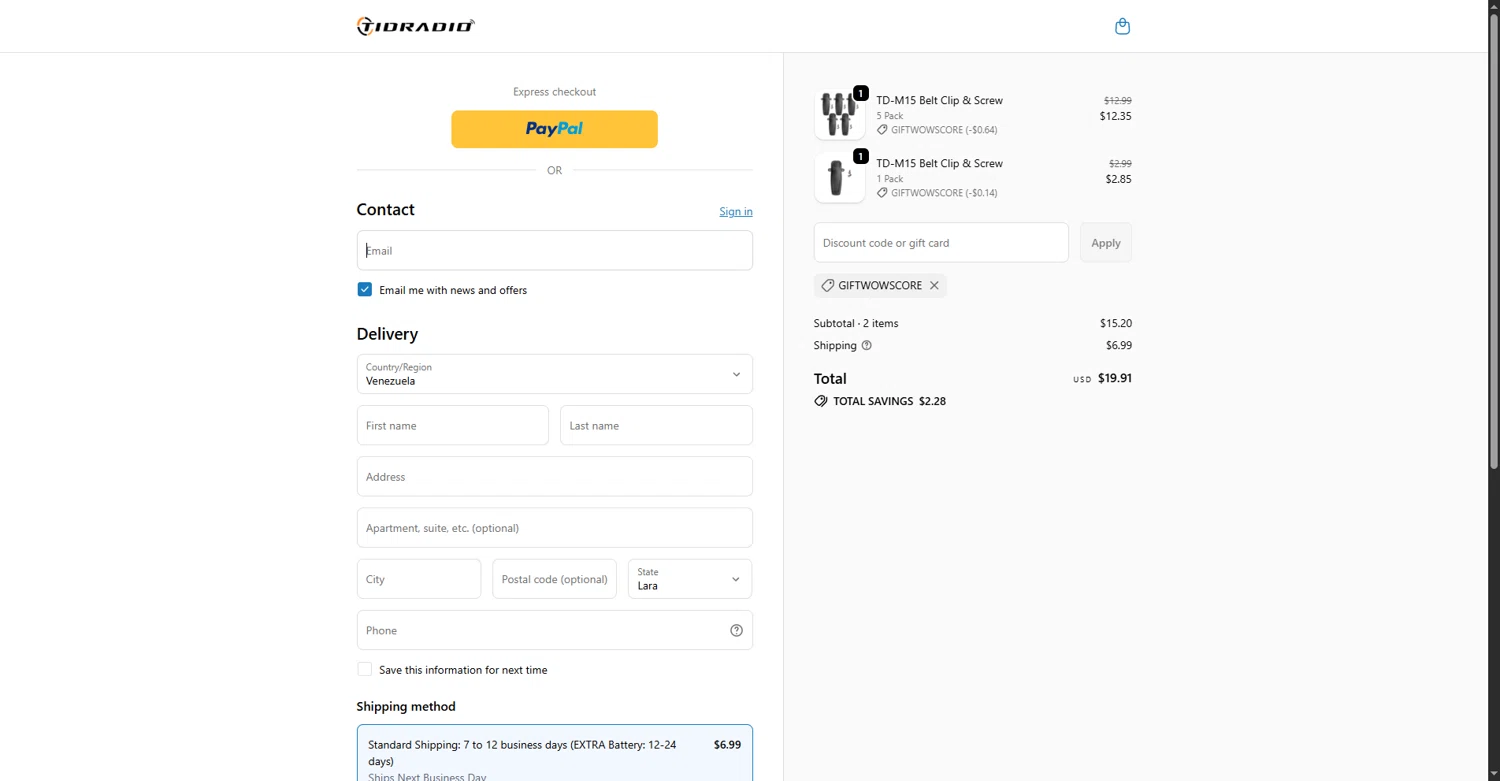 TIDRADIO discount code screenshot showing code giftwowscore applied at TIDRADIO checkout page. Uploaded by SimplyCodes community member MightyMaestro356 on Oct 26, 2025