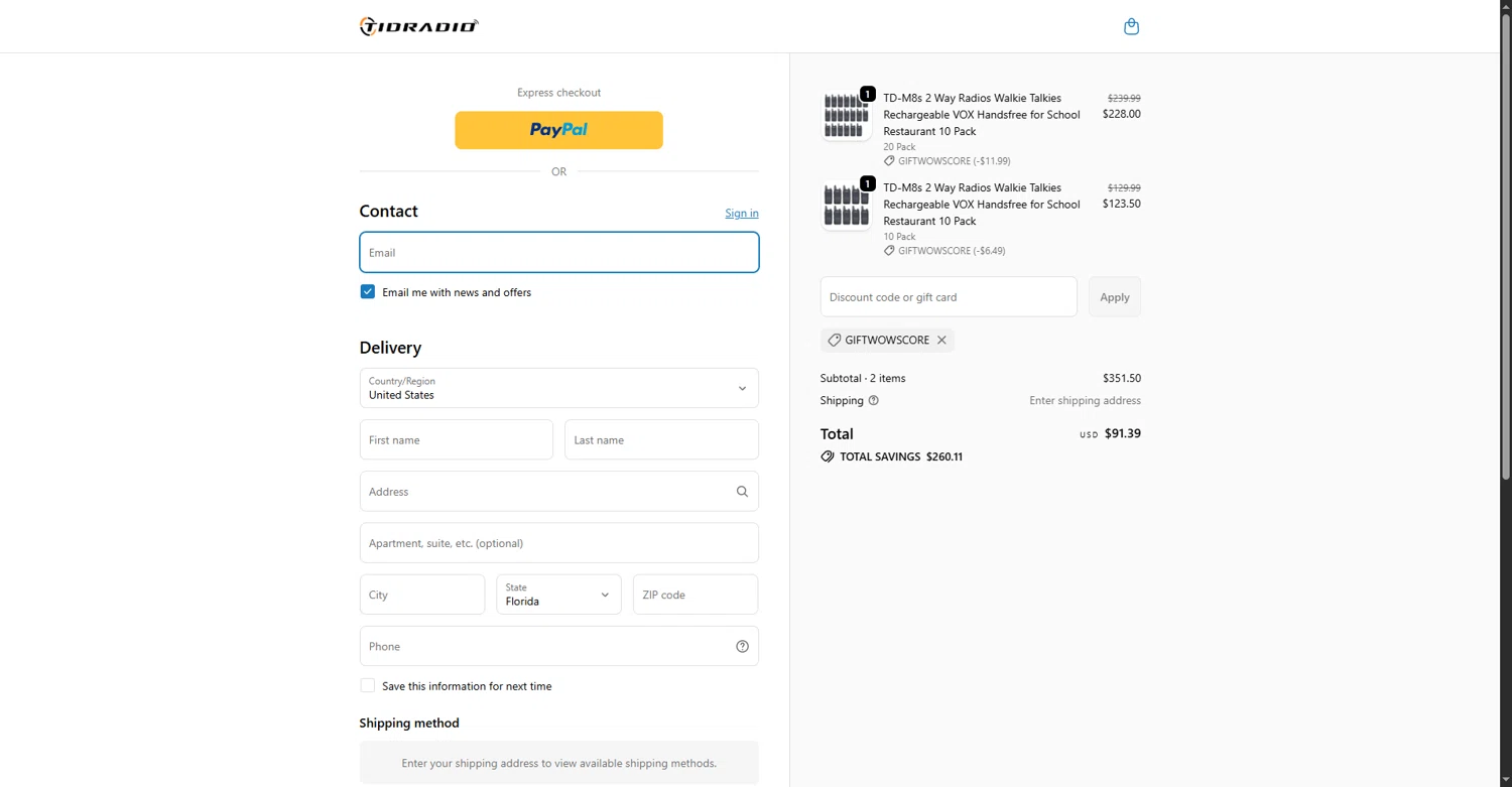 TIDRADIO discount code screenshot showing code giftwowscore applied at TIDRADIO checkout page. Uploaded by SimplyCodes community member RebateFalcon3172 on Nov 6, 2025