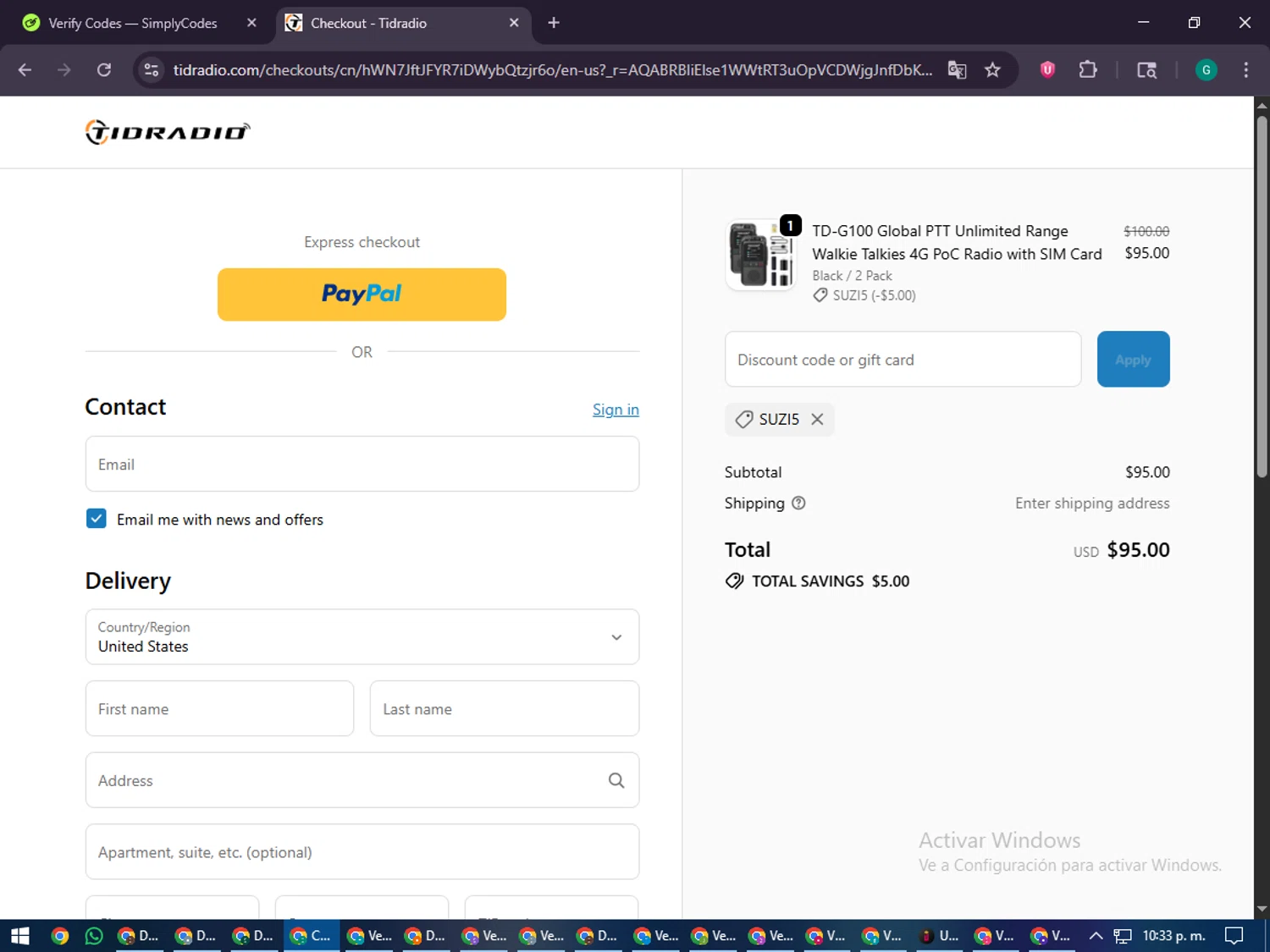 TIDRADIO discount code screenshot showing code SUZI5 applied at TIDRADIO checkout page. Uploaded by SimplyCodes community member PennyFinder5759 on Jan 7, 2026
