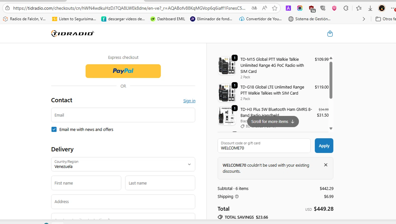 TIDRADIO discount code screenshot showing code WELCOME70 applied at TIDRADIO checkout page. Uploaded by SimplyCodes community member EJL_MIQUILENA on Nov 5, 2025