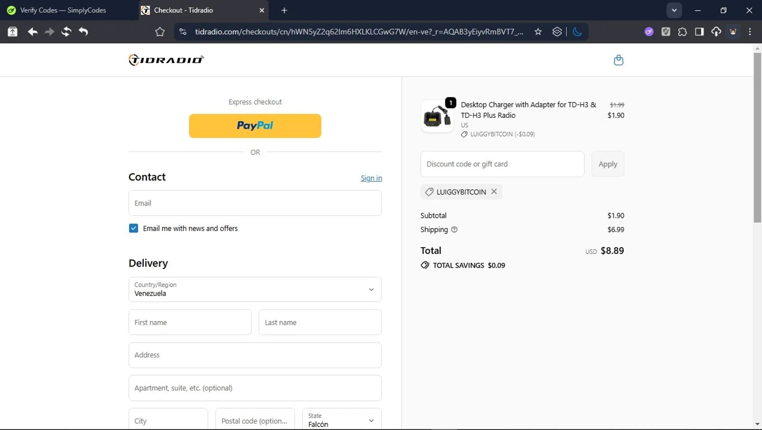 TIDRADIO discount code screenshot showing code LUIGGYBITCOIN applied at TIDRADIO checkout page. Uploaded by SimplyCodes community member PromoSpotter1784 on Dec 2, 2025