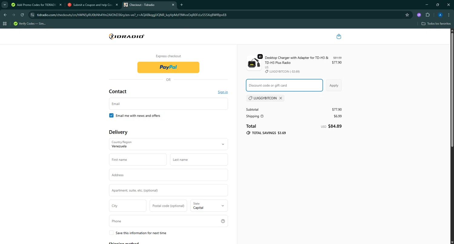 TIDRADIO discount code screenshot showing code LUIGGYBITCOIN applied at TIDRADIO checkout page. Uploaded by SimplyCodes community member ThriftyWizard6293 on Dec 2, 2025