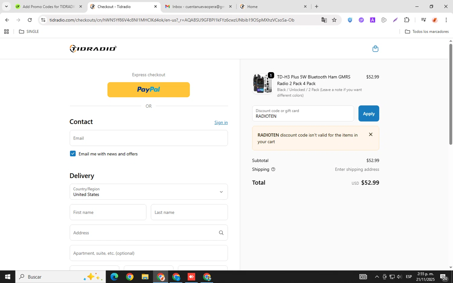 TIDRADIO discount code screenshot showing code RADIOTEN applied at TIDRADIO checkout page. Uploaded by SimplyCodes community member chemozavala on Nov 21, 2025