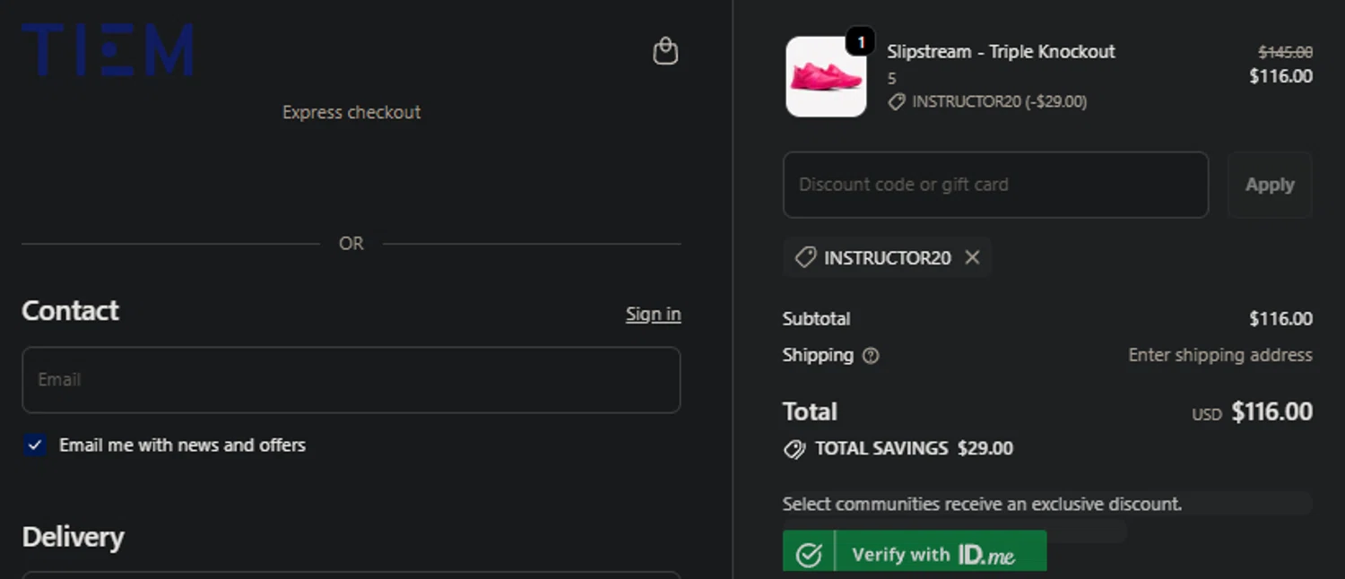 Tiem discount code screenshot showing code INSTRUCTOR20 applied at Tiem checkout page. Uploaded by SimplyCodes community member idkxxx on Nov 1, 2025