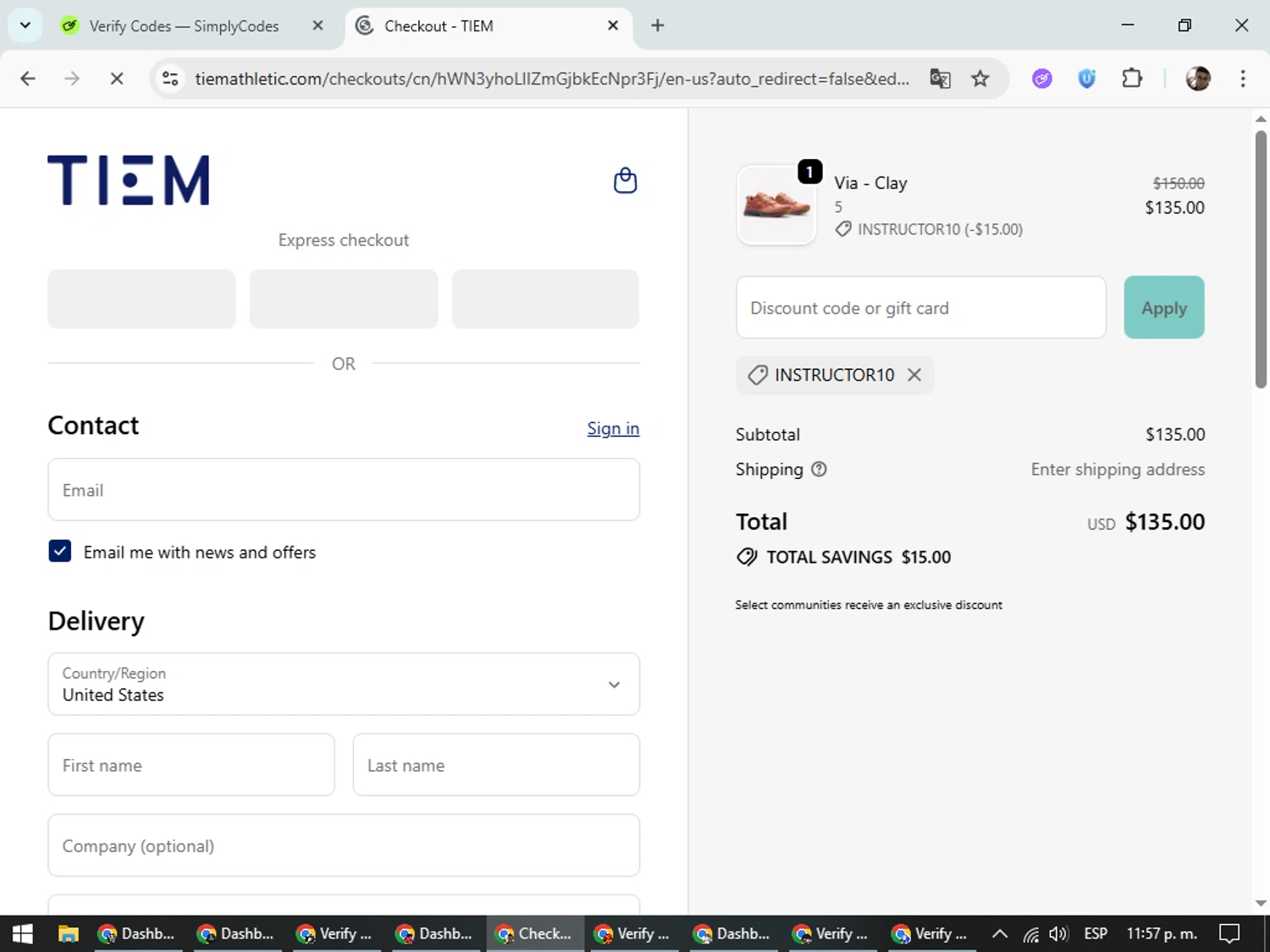 Tiem discount code screenshot showing code INSTRUCTOR10 applied at Tiem checkout page. Uploaded by SimplyCodes community member DiscountSeeker682 on Oct 11, 2025