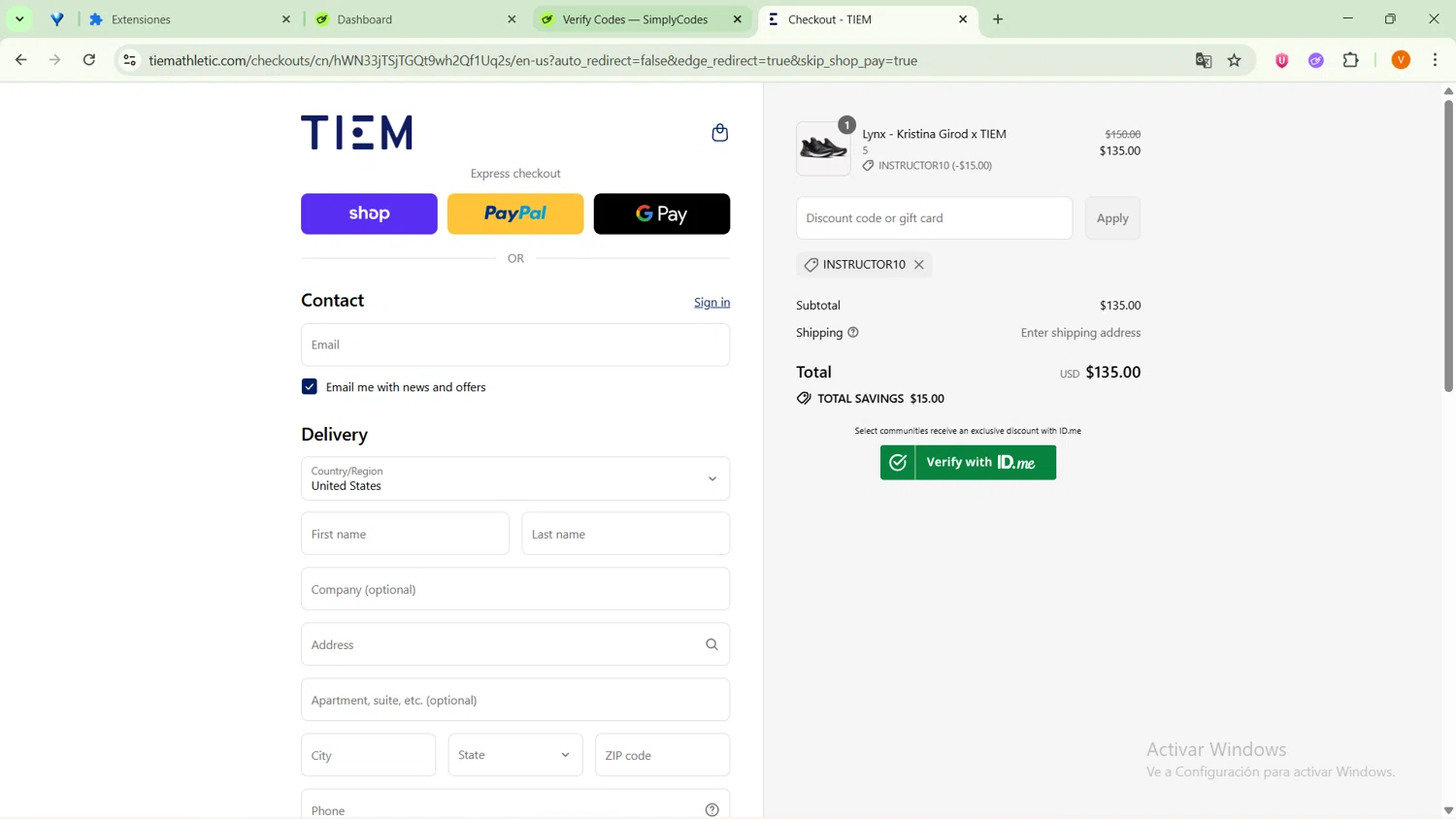 Tiem discount code screenshot showing code INSTRUCTOR10 applied at Tiem checkout page. Uploaded by SimplyCodes community member RebateSaver5991 on Sep 16, 2025