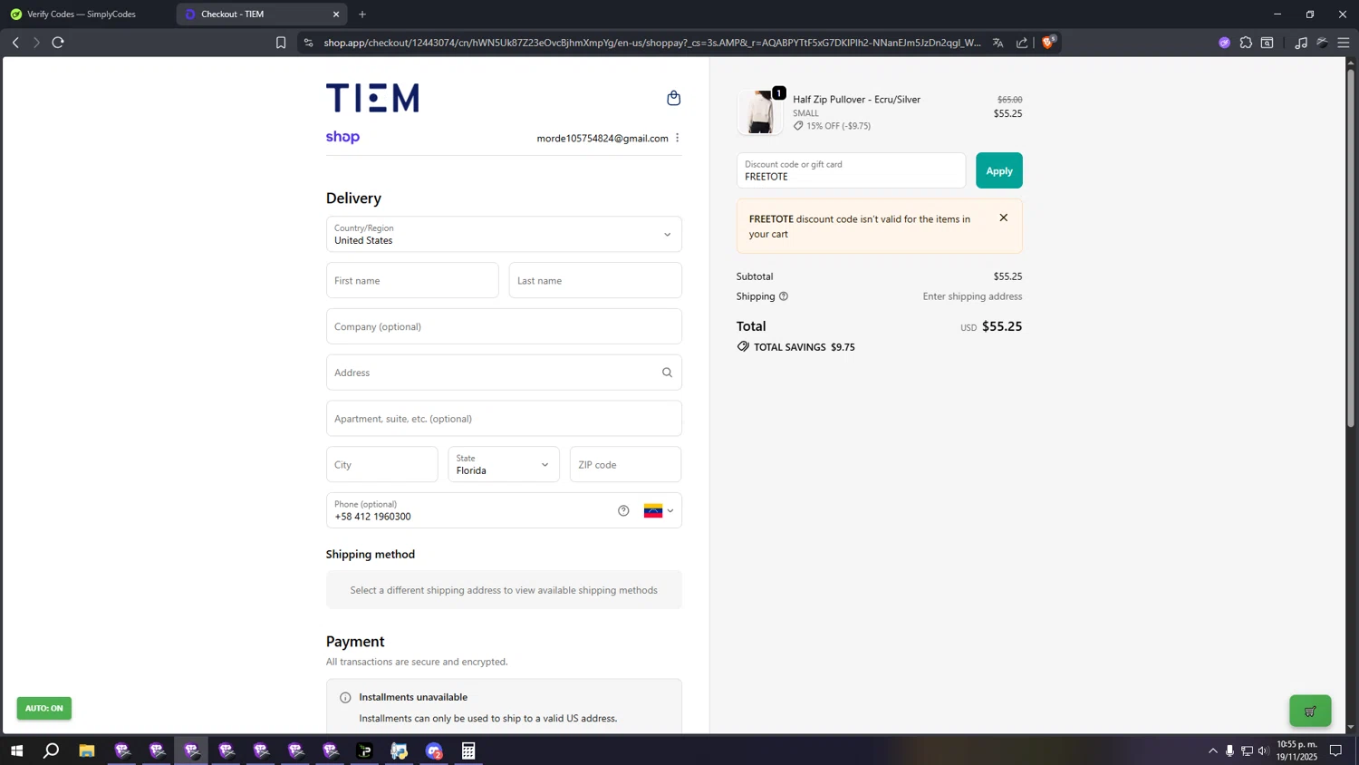 Tiem discount code screenshot showing code FREETOTE applied at Tiem checkout page. Uploaded by SimplyCodes community member lllllllllllllll on Nov 20, 2025