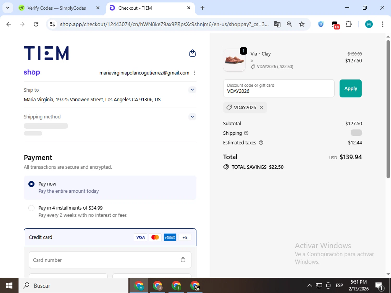 Tiem checkout page showing Tiem discount code box | Screenshot taken by SimplyCodes community member on Feb 13, 2026