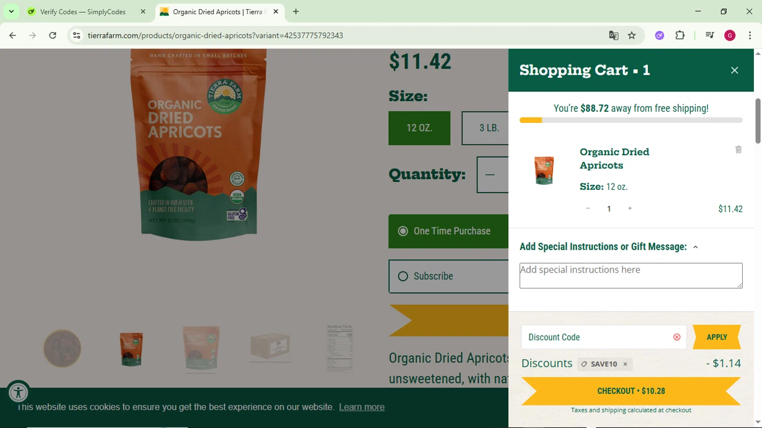 Tierra Farm discount code screenshot showing code save10 applied at Tierra Farm checkout page. Uploaded by SimplyCodes community member CrownFinder3074 on Nov 28, 2025