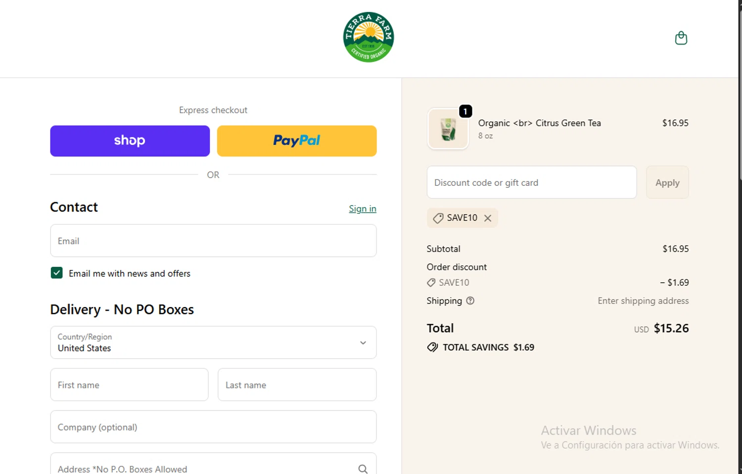Tierra Farm checkout page showing Tierra Farm discount code box | Screenshot taken by SimplyCodes community member on Feb 3, 2026