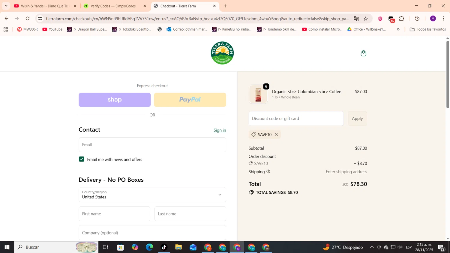 Tierra Farm discount code screenshot showing code save10 applied at Tierra Farm checkout page. Uploaded by SimplyCodes community member cod_gakpo on Nov 28, 2025