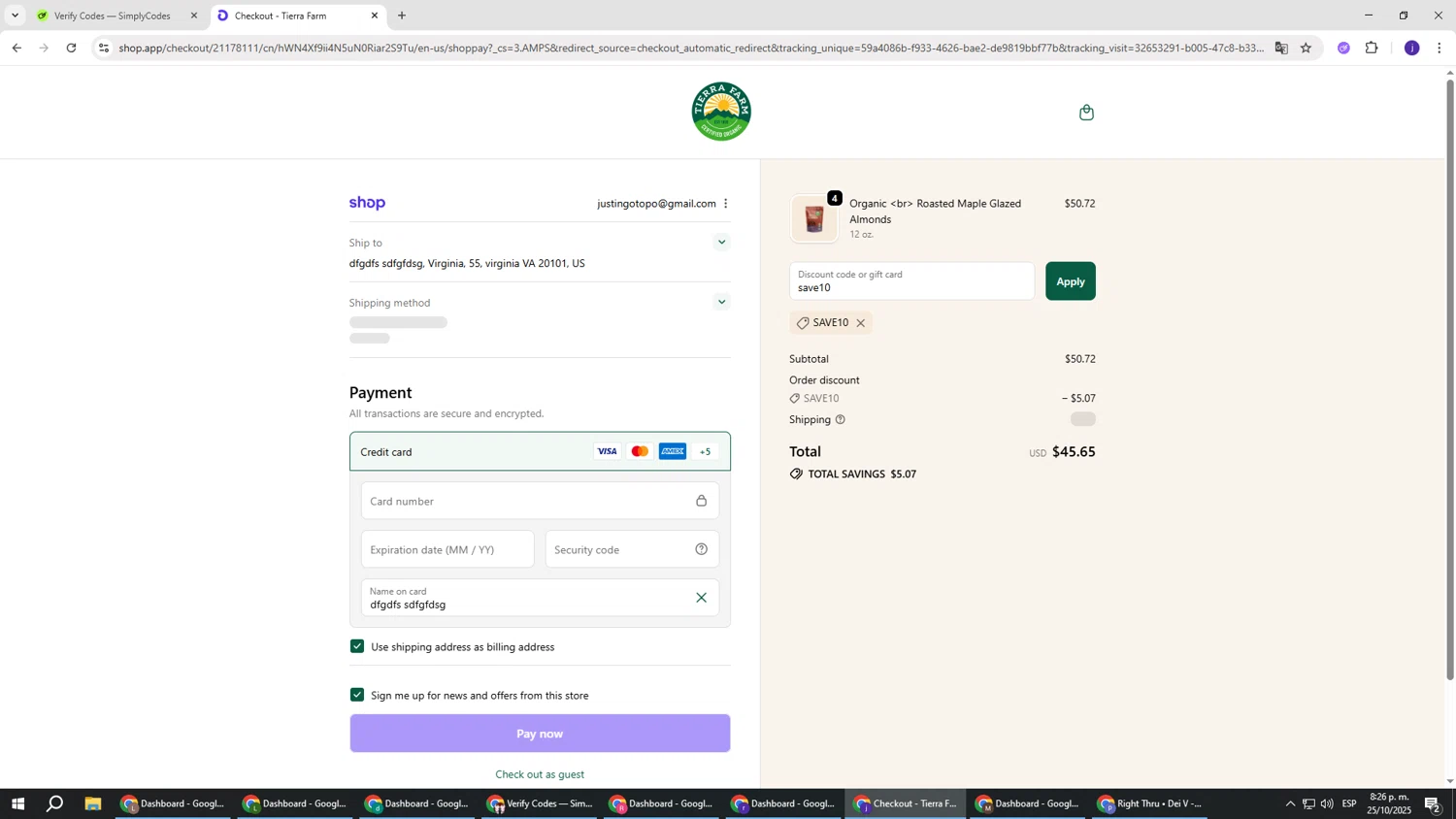 Tierra Farm discount code screenshot showing code save10 applied at Tierra Farm checkout page. Uploaded by SimplyCodes community member simplycodesssss on Oct 26, 2025