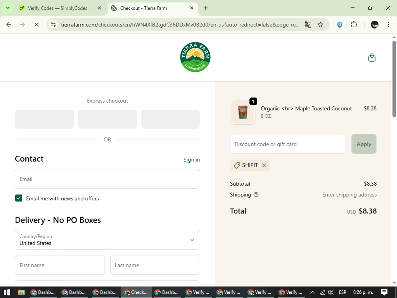 Tierra Farm discount code screenshot showing code ShipIt applied at Tierra Farm checkout page. Uploaded by SimplyCodes community member WonderCurator791 on Oct 26, 2025