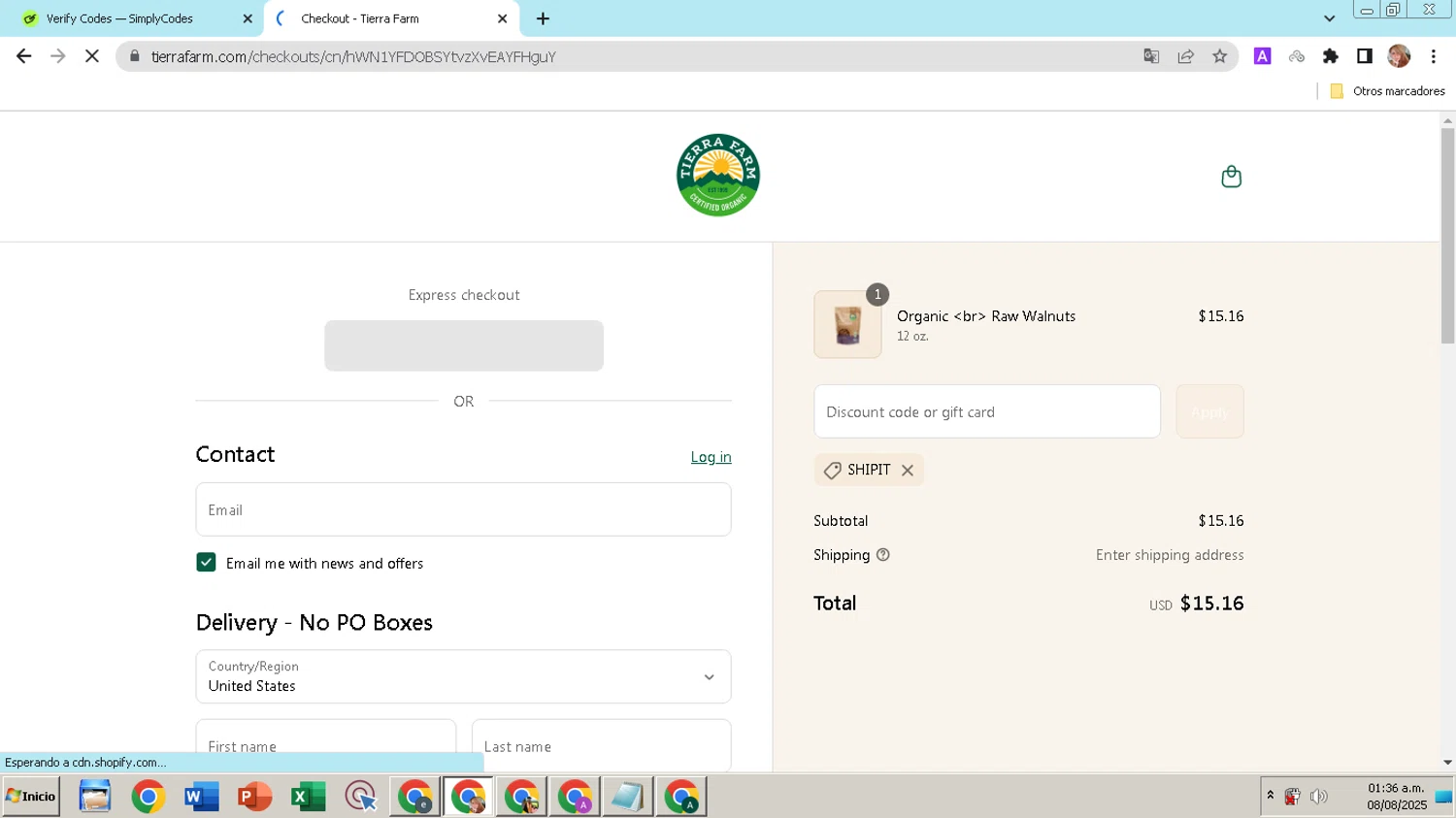 Tierra Farm discount code screenshot showing code ShipIt applied at Tierra Farm checkout page. Uploaded by SimplyCodes community member hectorpetit1 on Aug 8, 2025