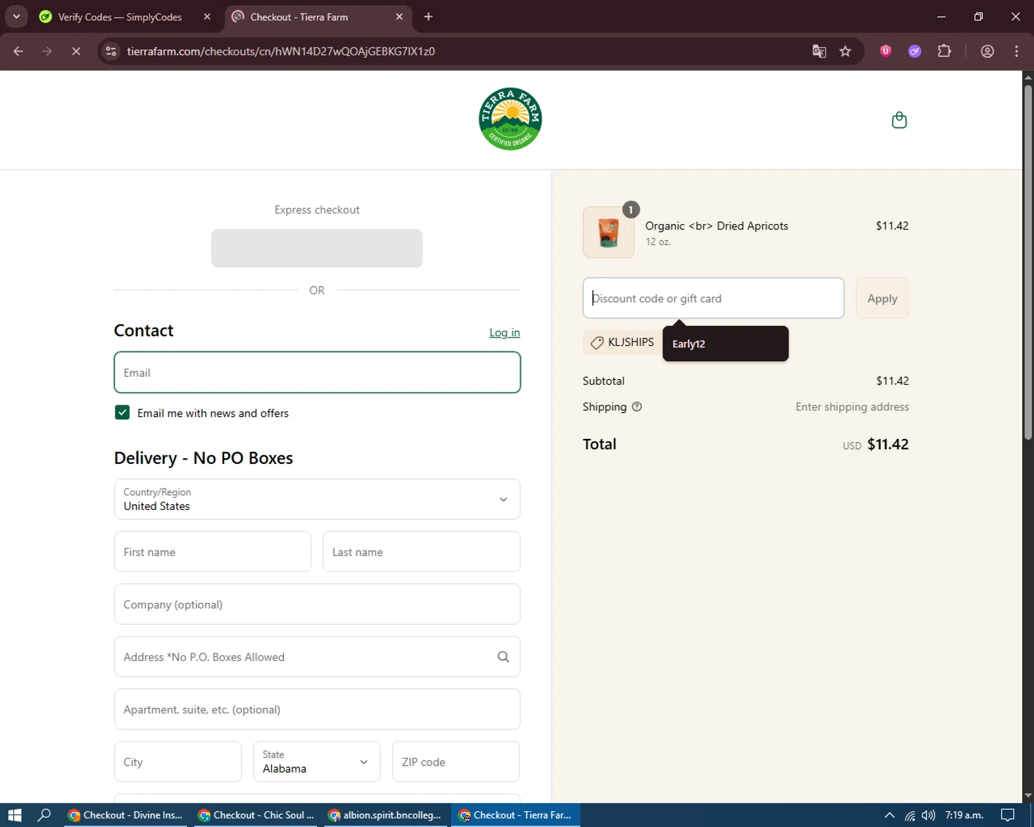 Tierra Farm discount code screenshot showing code KLJSHIPS applied at Tierra Farm checkout page. Uploaded by SimplyCodes community member ThriftyScout4426 on Jul 26, 2025