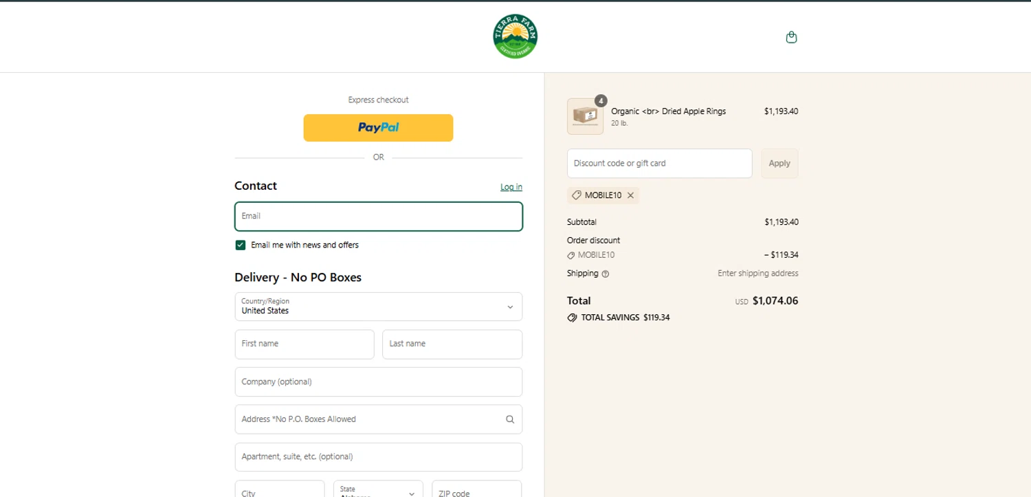 Tierra Farm discount code screenshot showing code MOBILE10 applied at Tierra Farm checkout page. Uploaded by SimplyCodes community member BrilliantTitan7739 on Aug 8, 2025