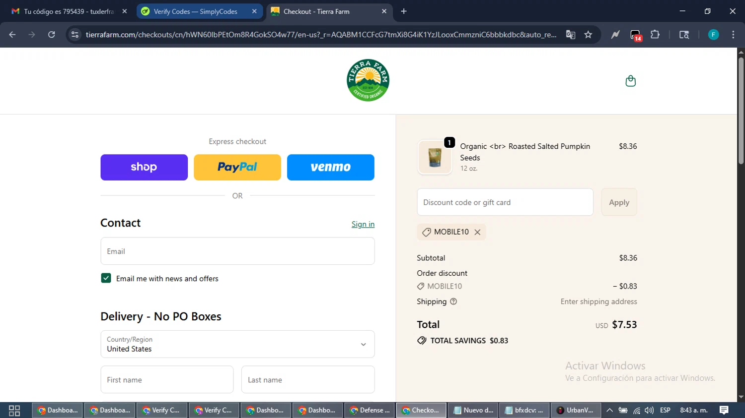 Tierra Farm discount code screenshot showing code MOBILE10 applied at Tierra Farm checkout page. Uploaded by SimplyCodes community member ShrewdTitan3233 on Dec 3, 2025