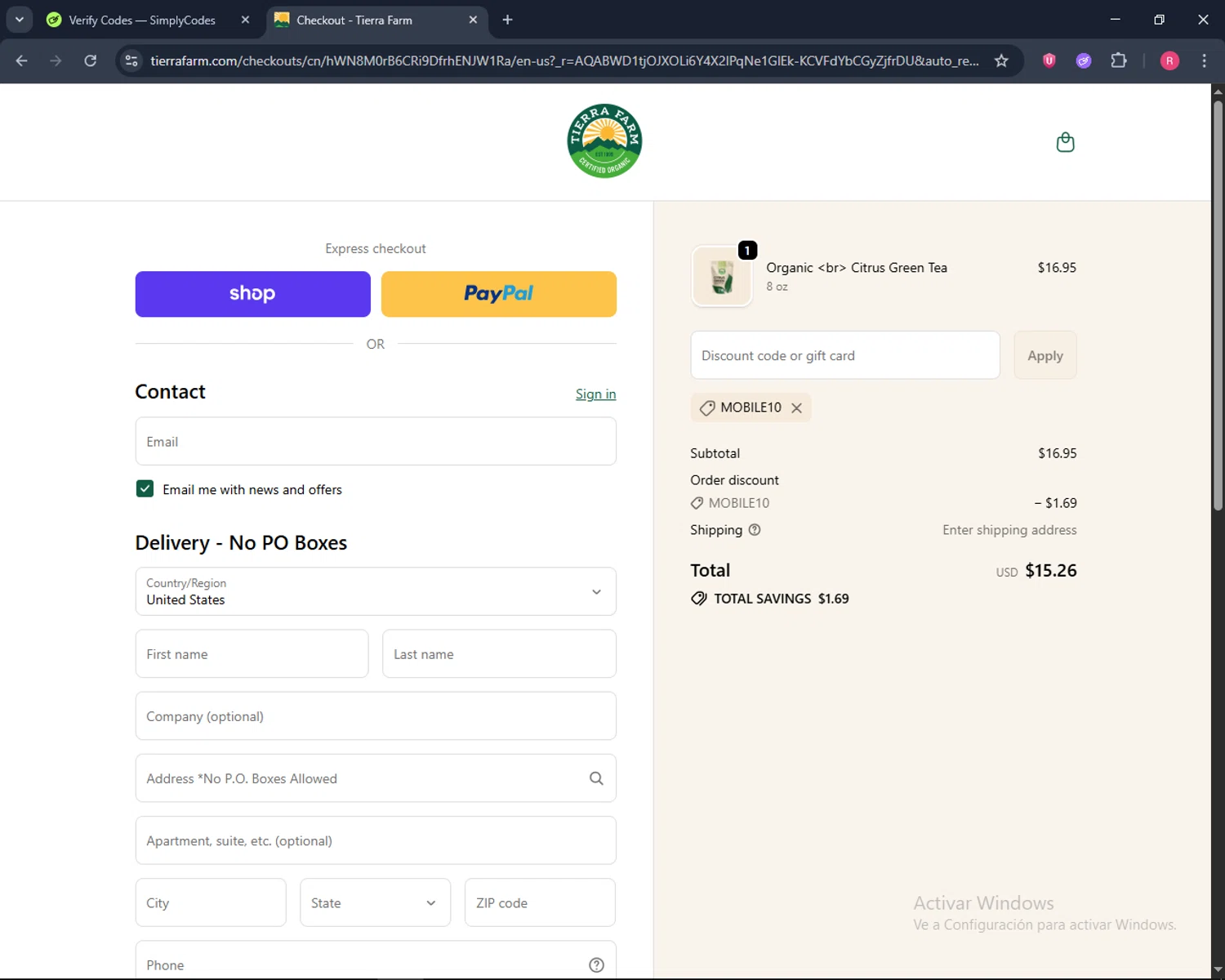 Tierra Farm checkout page showing Tierra Farm discount code box | Screenshot taken by SimplyCodes community member on Feb 3, 2026