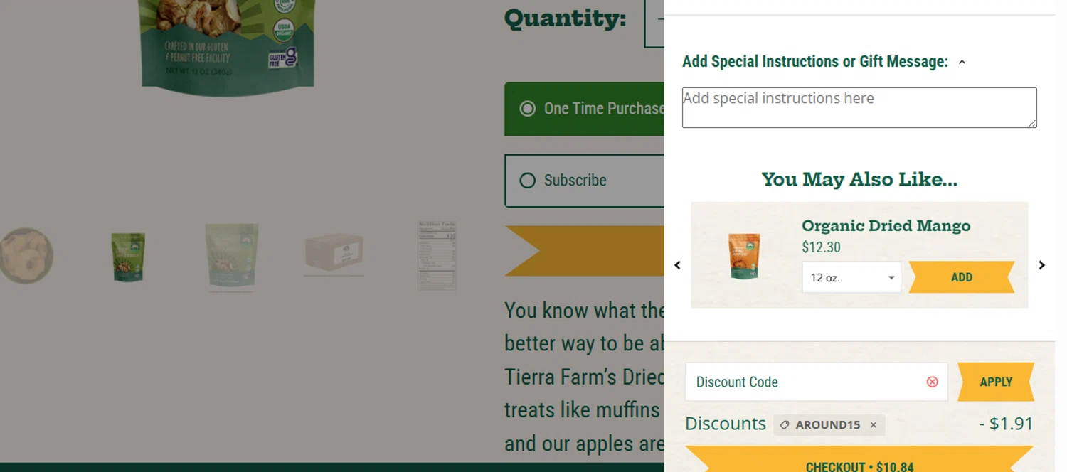 Tierra Farm discount code screenshot showing code AROUND15 applied at Tierra Farm checkout page. Uploaded by SimplyCodes community member BudgetWizard6950 on Aug 29, 2025