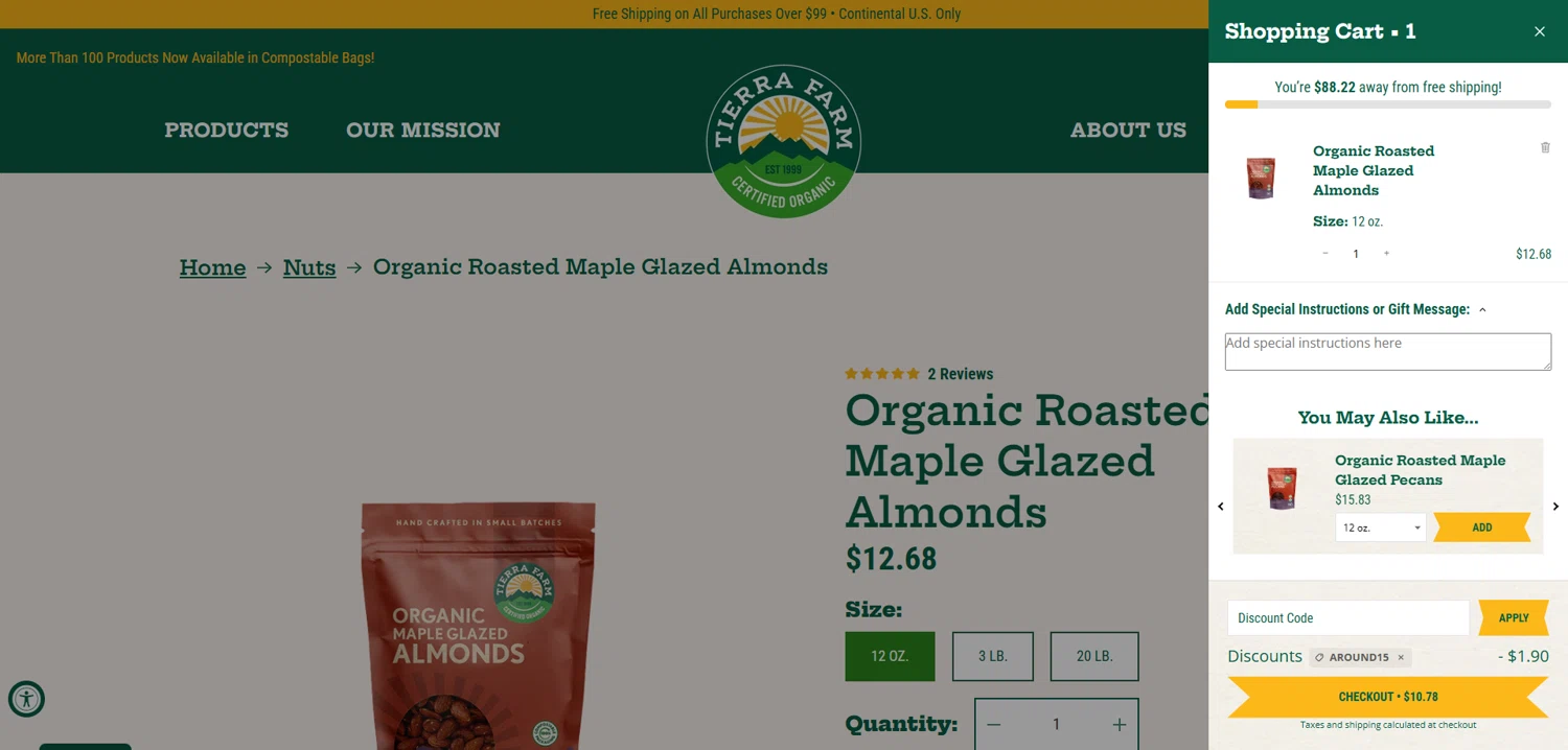 Tierra Farm discount code screenshot showing code AROUND15 applied at Tierra Farm checkout page. Uploaded by SimplyCodes community member Dorothy on Aug 22, 2025