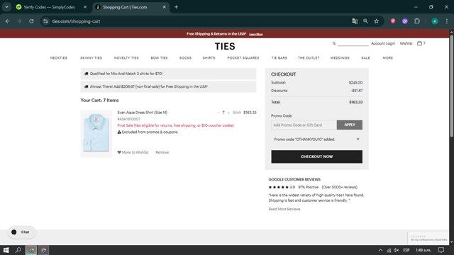 Ties.com checkout page showing Ties.com promo code box | Screenshot taken by SimplyCodes community member on Jun 26, 2025