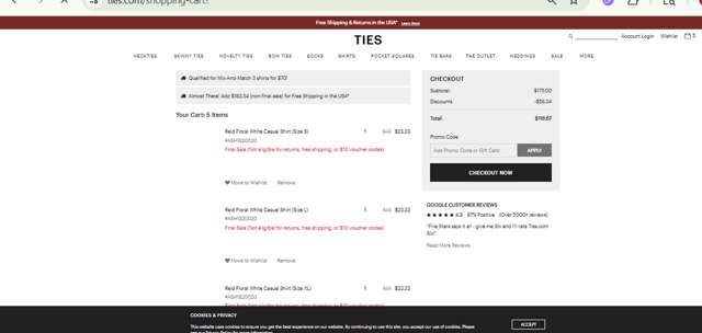 Ties.com checkout page showing Ties.com promo code box | Screenshot taken by SimplyCodes community member on Aug 28, 2025