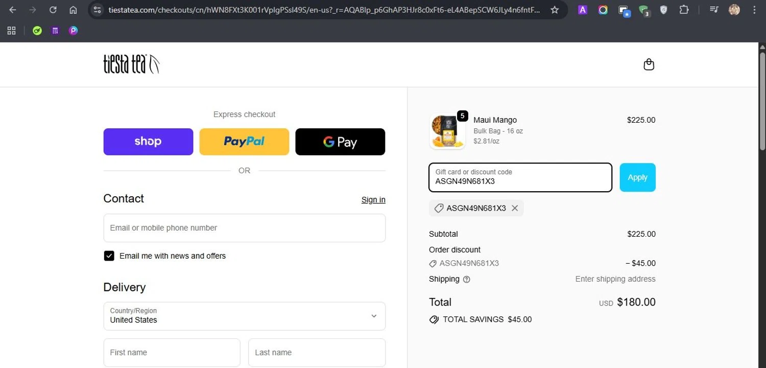 Tiesta Tea discount code screenshot showing code ASGN49N681X3 applied at Tiesta Tea checkout page. Uploaded by SimplyCodes community member ROCKSORD_2 on Jan 31, 2026