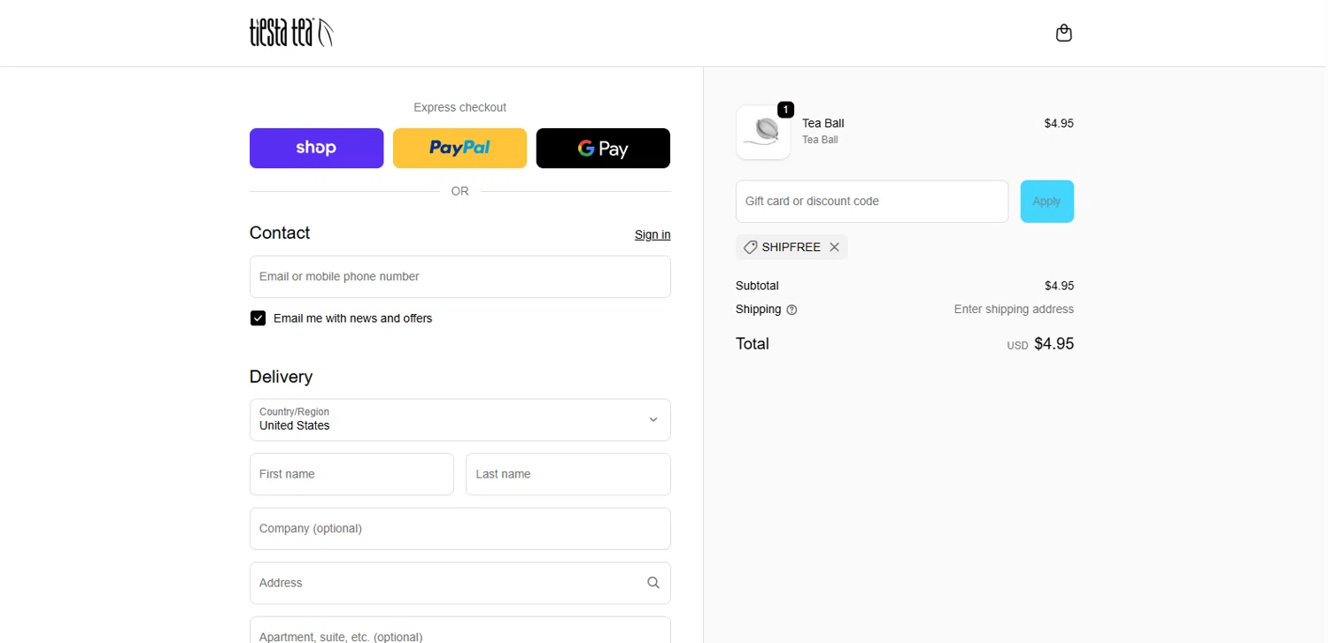 Tiesta Tea discount code screenshot showing code SHIPFREE applied at Tiesta Tea checkout page. Uploaded by SimplyCodes community member MagnifiHero3476 on Nov 5, 2025