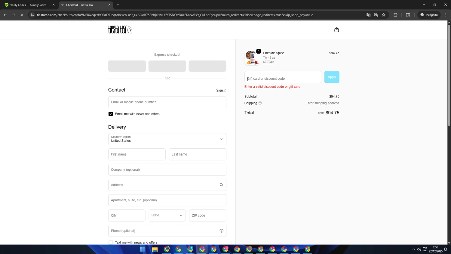 Tiesta Tea discount code screenshot showing code FASTXMAS25 applied at Tiesta Tea checkout page. Uploaded by SimplyCodes community member ShrewdSleuth9497 on Dec 22, 2025