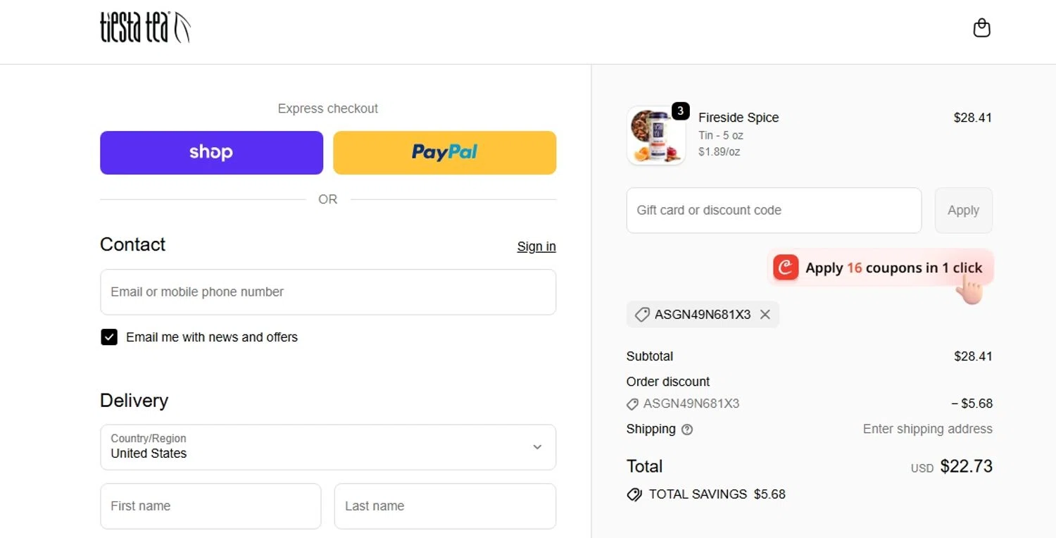Tiesta Tea discount code screenshot showing code ASGN49N681X3 applied at Tiesta Tea checkout page. Uploaded by SimplyCodes community member BudgetPro6018 on Nov 29, 2025