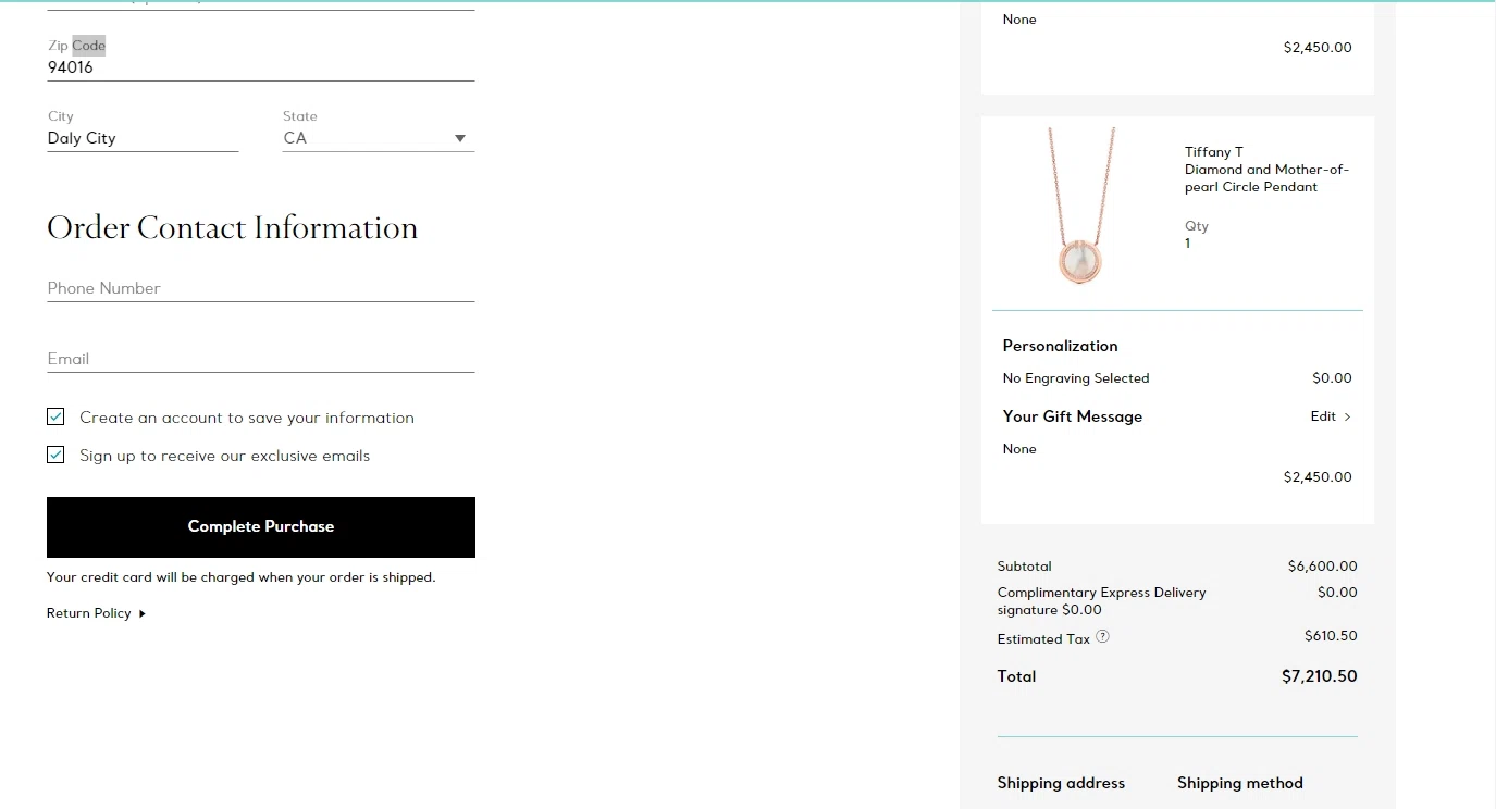 Tiffany & Co. checkout page showing Tiffany & Co. coupon code box | Screenshot taken by SimplyCodes community member on Jul 13, 2020