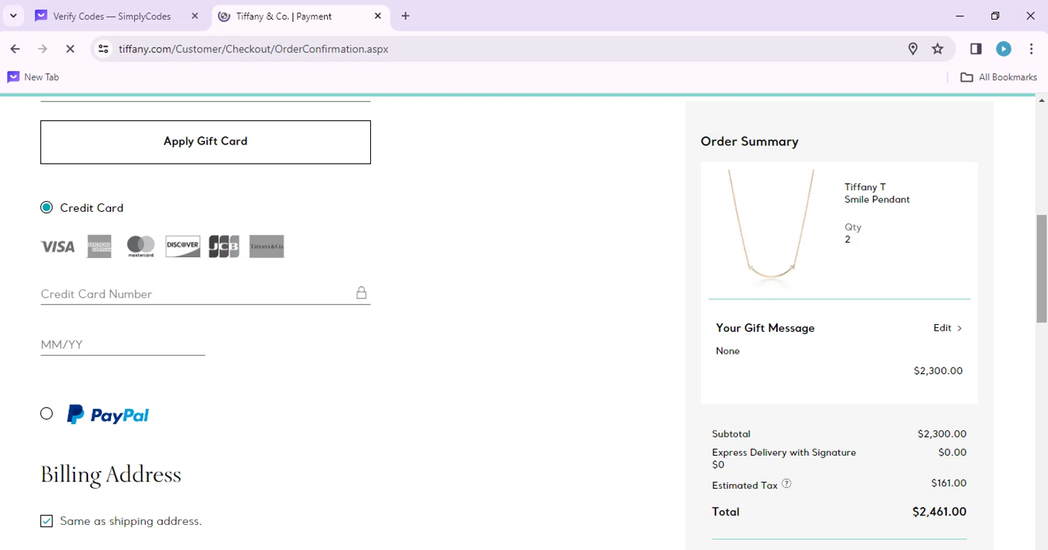 Tiffany & Co. checkout page showing Tiffany & Co. coupon code box | Screenshot taken by SimplyCodes community member on Mar 10, 2024