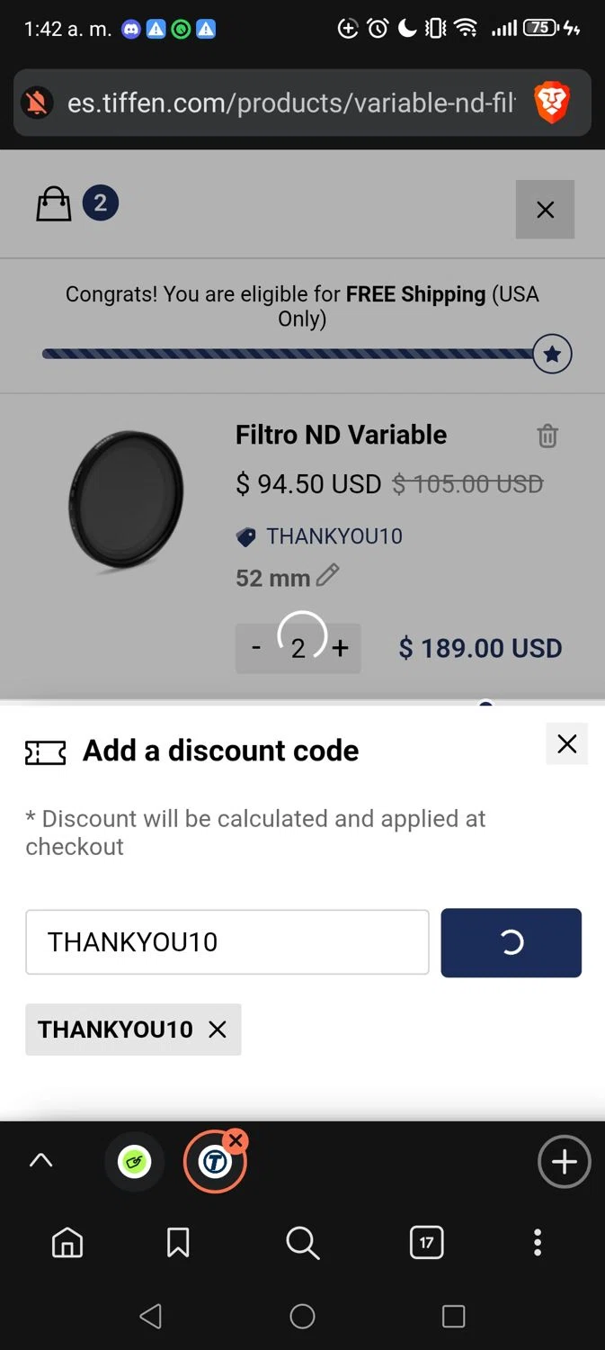 The Tiffen Company promo code screenshot showing code THANKYOU10 applied at The Tiffen Company checkout page. Uploaded by SimplyCodes community member Vivachavez on Nov 17, 2025