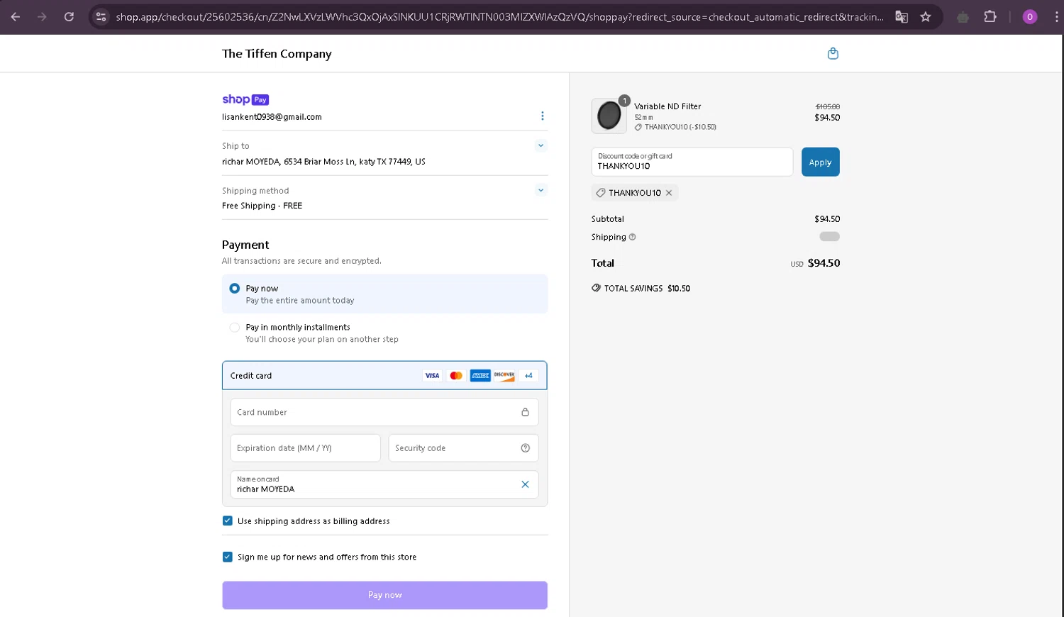 The Tiffen Company promo code screenshot showing code THANKYOU10 applied at The Tiffen Company checkout page. Uploaded by SimplyCodes community member oder007 on Apr 24, 2025