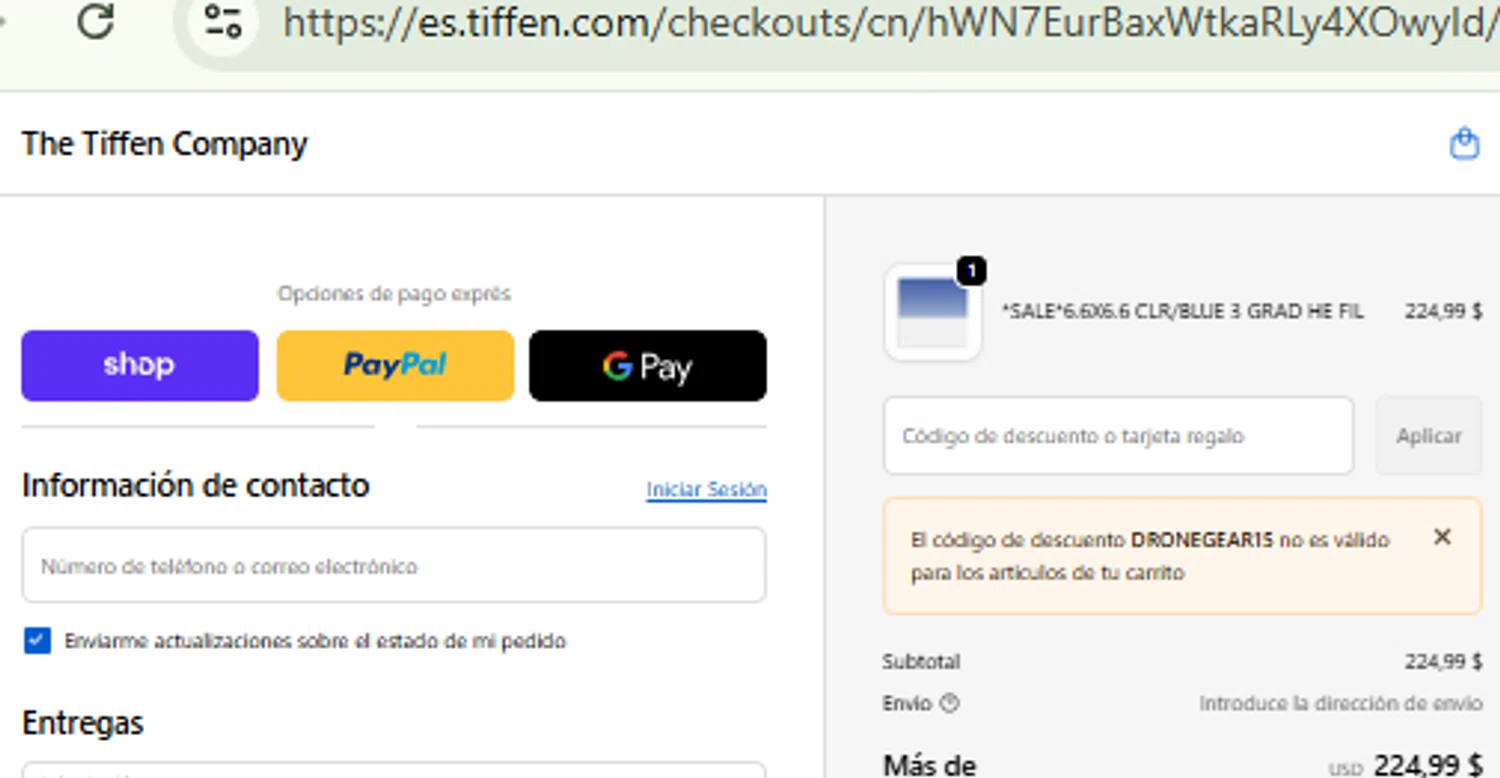 The Tiffen Company promo code screenshot showing code DRONEGEAR15 applied at The Tiffen Company checkout page. Uploaded by SimplyCodes community member RewardFinder4836 on Jan 5, 2026