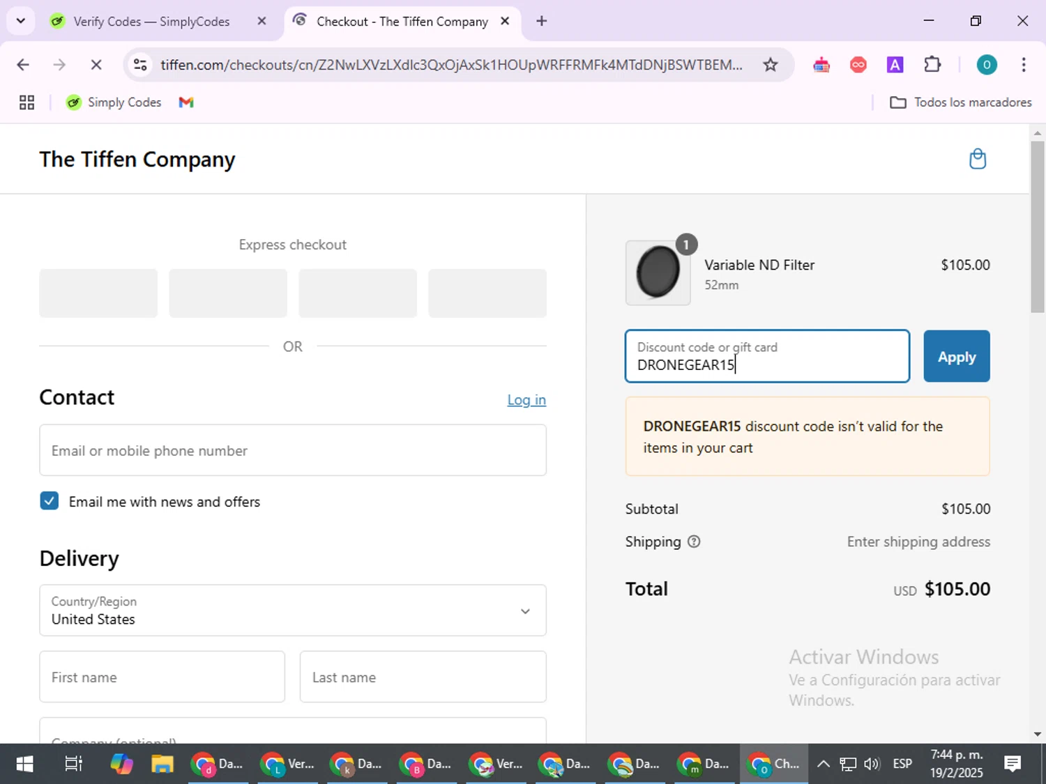 The Tiffen Company promo code screenshot showing code DRONEGEAR15 applied at The Tiffen Company checkout page. Uploaded by SimplyCodes community member BudgetSeeker9524 on Feb 19, 2025
