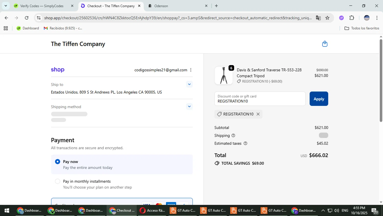 The Tiffen Company promo code screenshot showing code REGISTRATION10 applied at The Tiffen Company checkout page. Uploaded by SimplyCodes community member TrevorPhilips on Oct 16, 2025