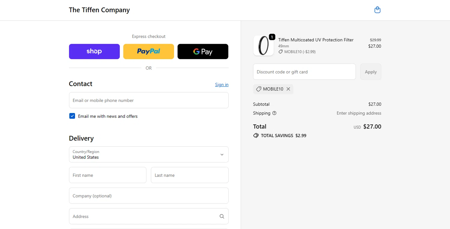The Tiffen Company promo code screenshot showing code MOBILE10 applied at The Tiffen Company checkout page. Uploaded by SimplyCodes community member Holadiablo on Nov 27, 2025