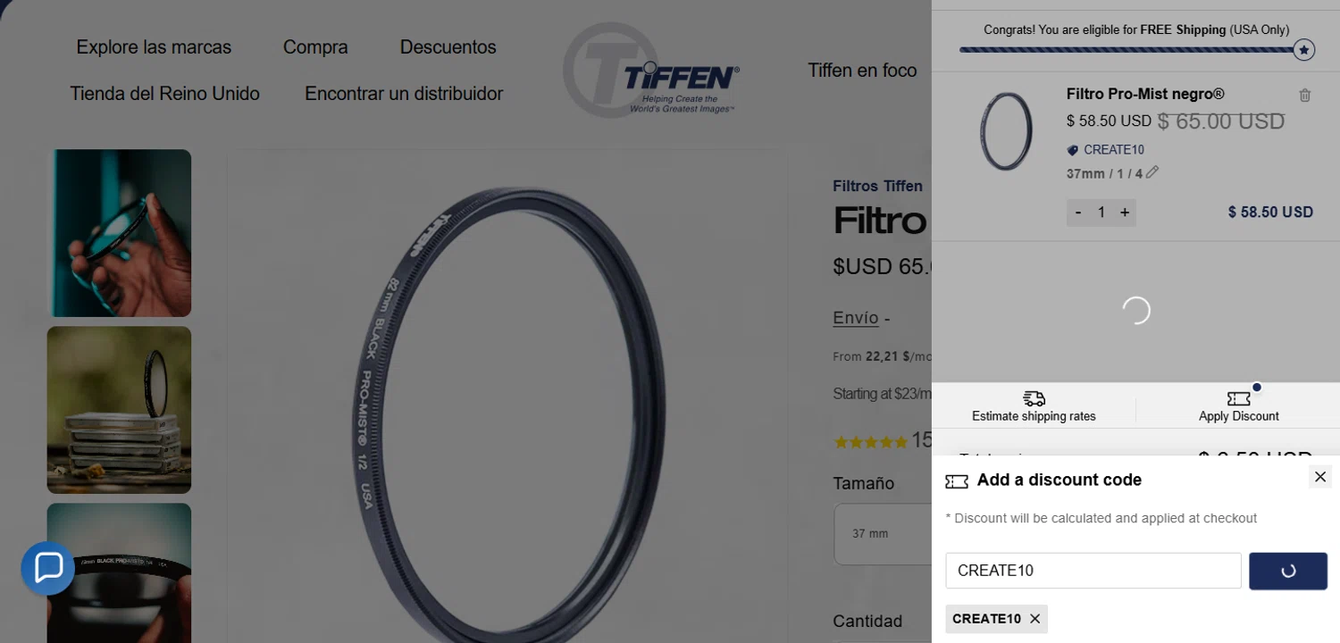 The Tiffen Company promo code screenshot showing code CREATE10 applied at The Tiffen Company checkout page. Uploaded by SimplyCodes community member Fish3r on Oct 21, 2025
