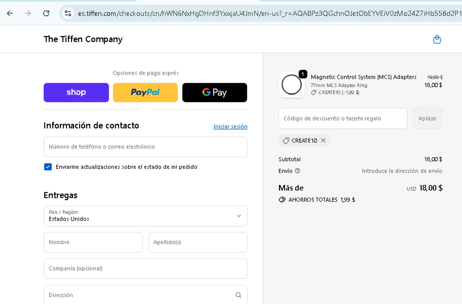 The Tiffen Company promo code screenshot showing code CREATE10 applied at The Tiffen Company checkout page. Uploaded by SimplyCodes community member TokenMonarch796 on Dec 13, 2025