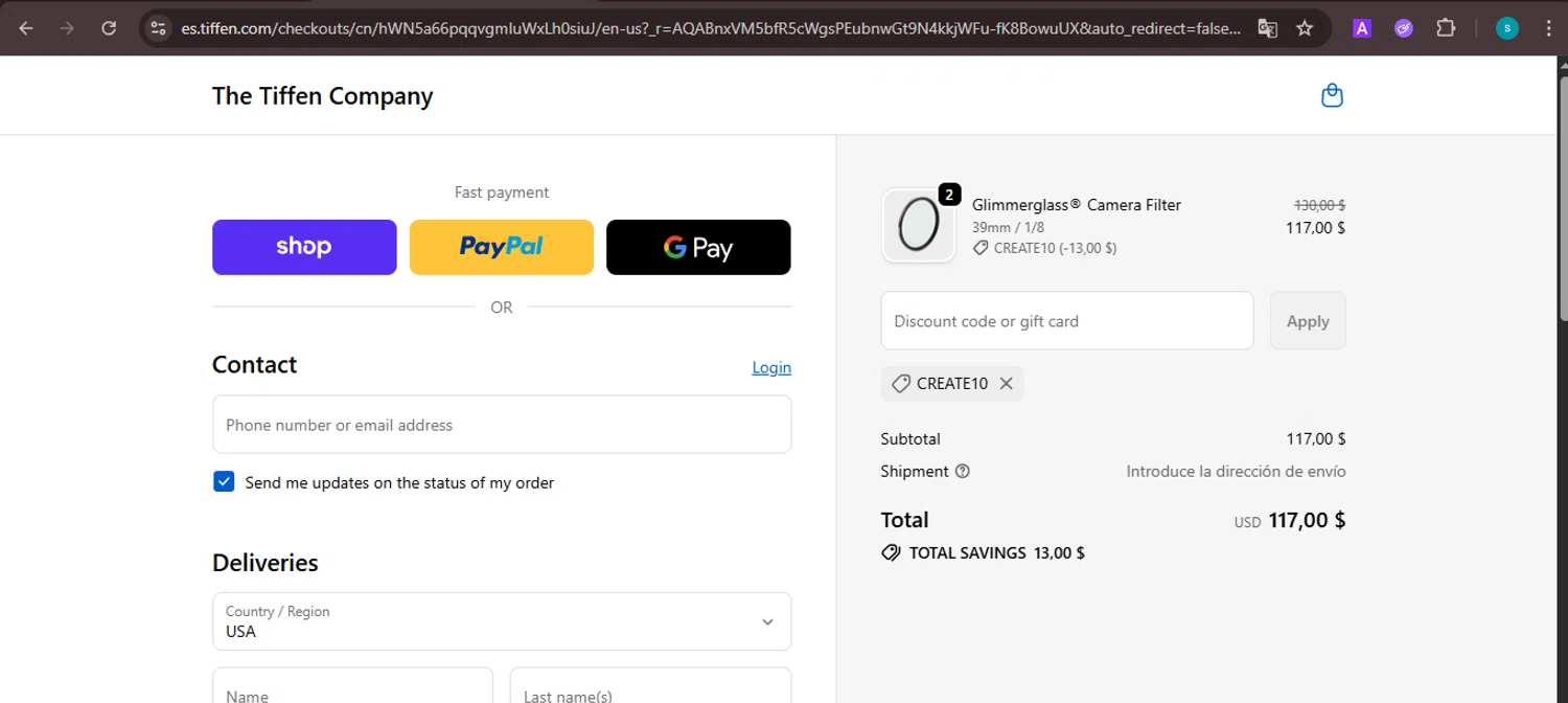 The Tiffen Company promo code screenshot showing code CREATE10 applied at The Tiffen Company checkout page. Uploaded by SimplyCodes community member ValiantChaser7723 on Nov 22, 2025