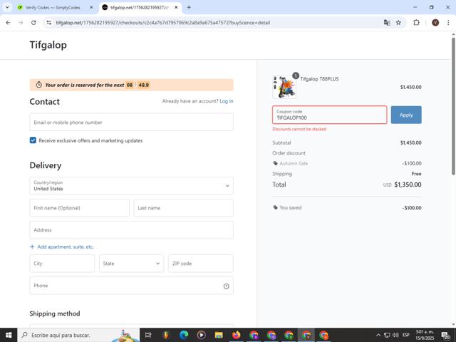 Tifgalop checkout page showing Tifgalop promo code box | Screenshot taken by SimplyCodes community member on Sep 15, 2025