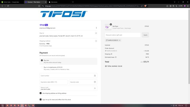Tifosi Optics checkout page showing Tifosi Optics promo code box | Screenshot taken by SimplyCodes community member on Dec 9, 2024
