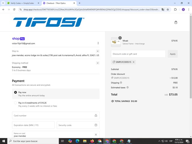 Tifosi Optics checkout page showing Tifosi Optics promo code box | Screenshot taken by SimplyCodes community member on Dec 13, 2024