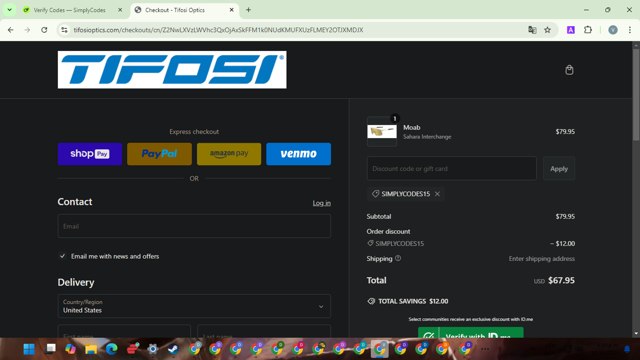 Tifosi Optics checkout page showing Tifosi Optics promo code box | Screenshot taken by SimplyCodes community member on Oct 17, 2024