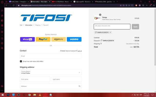 Tifosi Optics checkout page showing Tifosi Optics promo code box | Screenshot taken by SimplyCodes community member on Jun 21, 2023