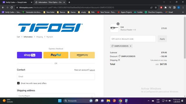 Tifosi Optics checkout page showing Tifosi Optics promo code box | Screenshot taken by SimplyCodes community member on Aug 1, 2023