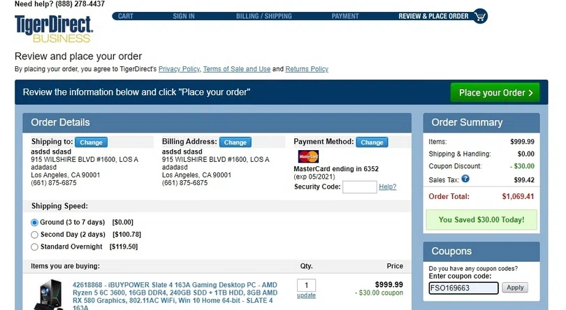 TigerDirect checkout page showing TigerDirect coupon code box | Screenshot taken by SimplyCodes community member on May 15, 2021