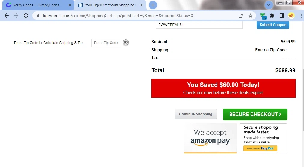 TigerDirect checkout page showing TigerDirect coupon code box | Screenshot taken by SimplyCodes community member on Aug 1, 2022